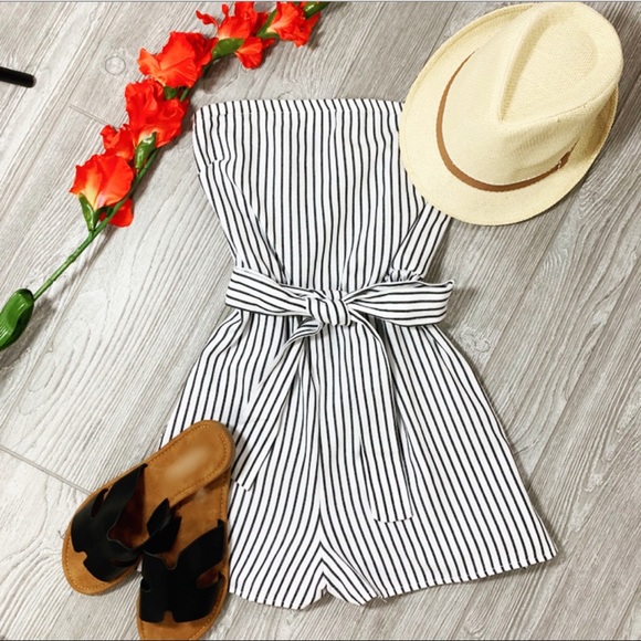 Infinity Raine Pants - ✨LAST ONE✨Black and white striped romper with tie